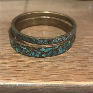 Turquoise inlay in Gold-toned Bracelet Duo from India